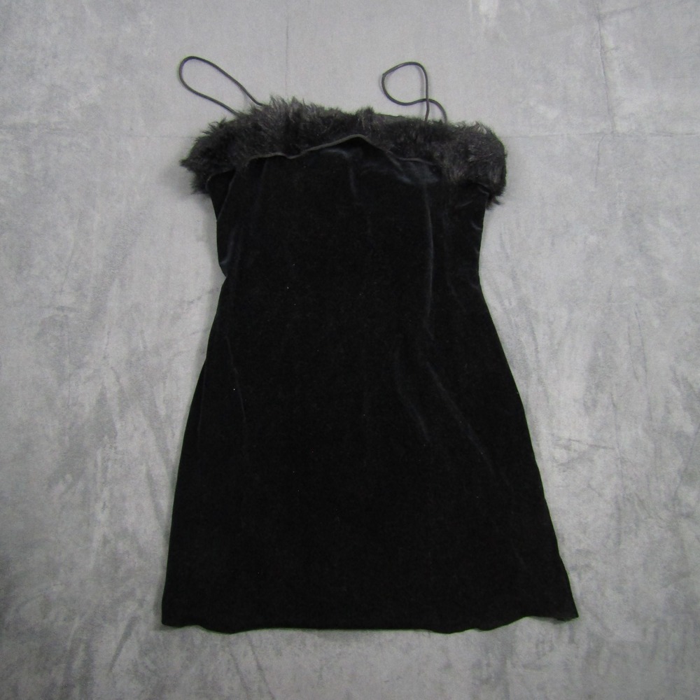 Roberta Mini Dress Womens Medium Black Faux Fur Trim Velvet Spaghetti Strap